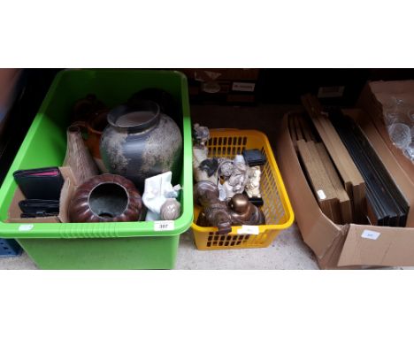 3 boxes of miscellaneous iems etc including oriental figures, Nao figure, vases, wallets, prints etc 