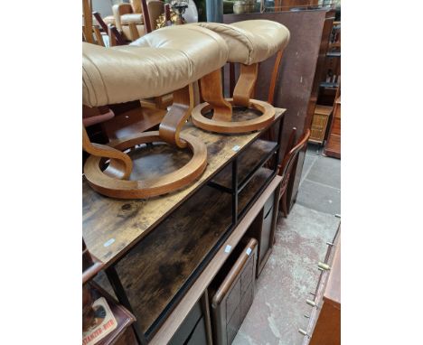 A mixed lot of furniture comprising two lounge chair stools, a modern unit, a table and chairs, a desk, a tile top teak table