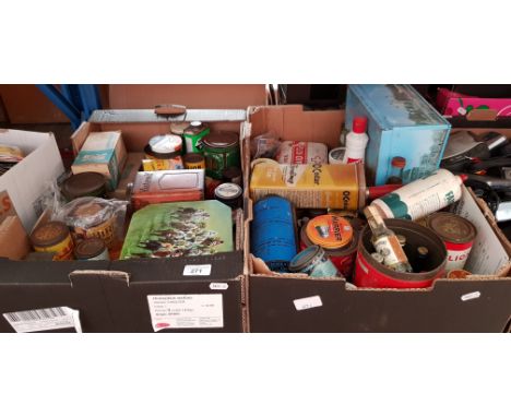 Two boxes of vintage tins, bottles and boxes, some with contents. 