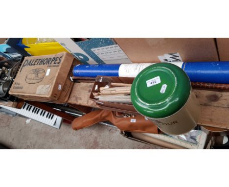 A mixed lot including a vintage Palethorpes butcher's box, vintage tins, two walking sticks, a flour tin and a box of postcar