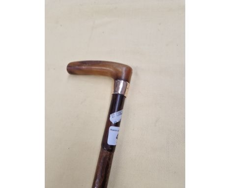 A walking stick with yellow metal collar 