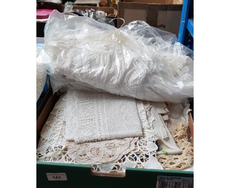 A box of vintage linen &amp; 2 christening gowns. 