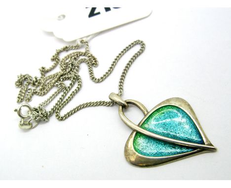 Malcolm Gray (Ortak); A Modern Enamel Pendant, of stylised leaf design, highlighted in turquoise, stamped "MG" "925", on a ch