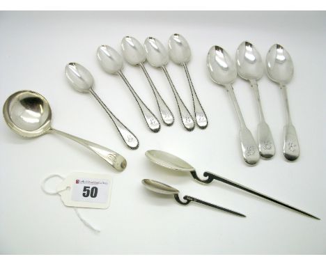 A Set of Five Hallmarked Silver Teaspoons, Walker & Hall, Sheffield 1903, initialled; A Set of Three Hallmarked Silver Fiddle