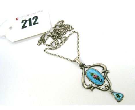 Charles Horner; An Enamel Pendant, highlighted with a rose on turquoise ground, suspending drop below, on a chain.