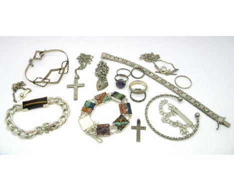 A Hallmarked Silver Curb Link and Tigers Eye Set Bracelet, cluster dress ring, handmade bangle, bands, cross pendants, etc.