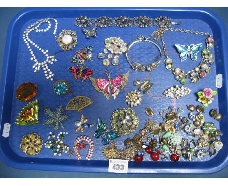 Costume Brooches, diamanté necklace, bracelet, bangle, etc:- One Tray