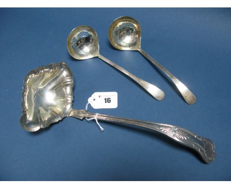 A Pair of Ladles, each of hand hammered finish; Together with A Twin Spout Kings Pattern Ladle. (3)