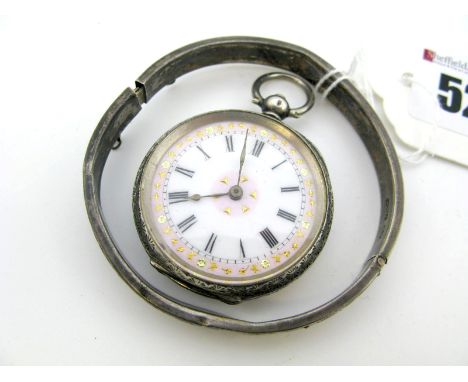 A Hallmarked Silver Cased Ladies Fob Watch, the gilt highlighted dial with black Roman numerals, the movement cover inscribed