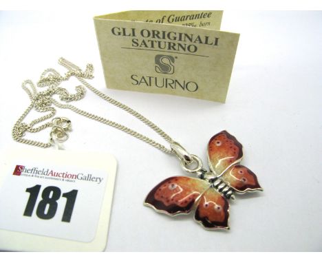 Saturno; A Modern Hallmarked Silver and Enamel Butterfly Pendant, on a chain stamped "925".