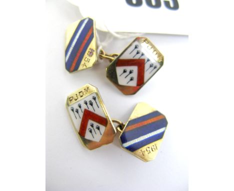 A Pair of 9ct Gold and Enamel Gent's Cufflinks, each rectangular panel with canted corners, engraved "P.J.D.M" "1954", on cha