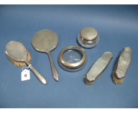A Matched Hallmarked Silver Five Piece Dressing Table Set, Walker & Hall, Sheffield 1935, 1936, 1937, 1938, engine turned dec