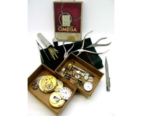 Alexr Stoddart Leith Fob Watch Movement, enamel dials, spares/repairs, gent's cufflinks, watch makers pliers, tweezers, etc.