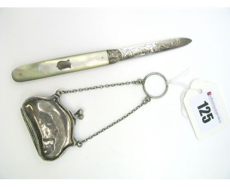 A Hallmarked Silver and Mother of Pearl Single Blade Folding Fruit Knife, one scale with inset shield; Together with A Miniat