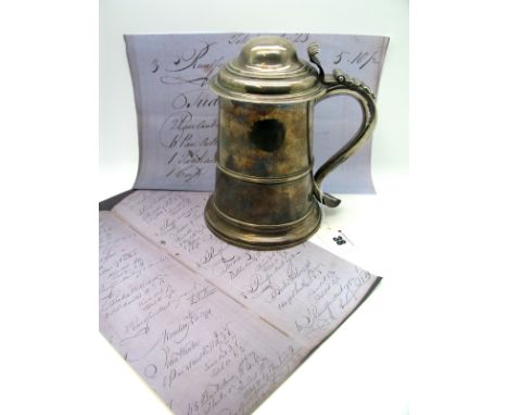 A Georgian Hallmarked Silver Lidded Tankard, Henry Tudor &amp; Thomas Leader, Sheffield 1774, of plain tapering cylindrical f