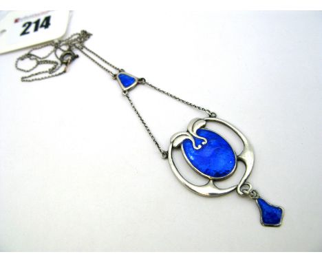 Charles Horner; A Chester Hallmarked Silver and Enamel Pendant, of openwork design, highlighted in cobalt blue, on fine chain