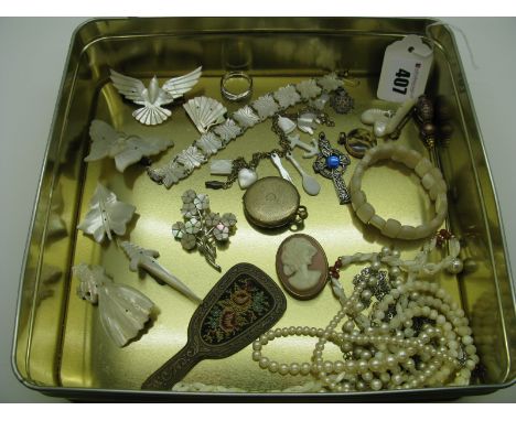 Vintage Mother of Pearl Brooches, mother of pearl charm bracelet, imitation pearls, engine turned locket etc. 