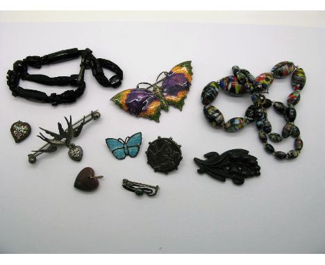 Vintage Enamel Butterfly Brooches, double swallow bar brooch, suspending heart drop, polished hardstone heart pendant, gradua
