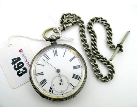 An Openface Pocketwatch, the white dial with black Roman numerals and seconds subsidiary dial (lacking hand), within engine t
