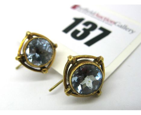 A Pair of Single Stone Earrings, each circular collet set within cushion shape setting, on hook fitting stamped "585".