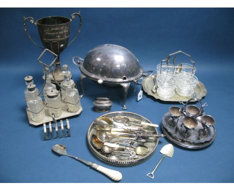 A Mappin & Webb Plated Roll Top Breakfast Server, a set of four sundae dishes on stand, "Len Roberts Memorial Trophy" twin ha