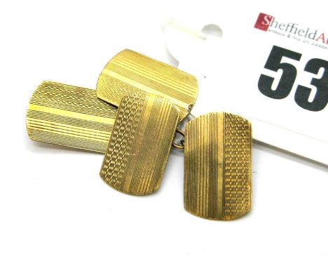 A Pair of Gent's Cufflinks, the engine turned panels stamped "9ct", on chain connections.