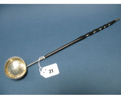 A Georgian Toddy Ladle, the oval bowl with textured edge and coin inset detail, overall length 36.5cm. 