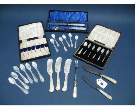 A Mother of Pearl Handled Fish Knife and Fork, in a fitted case, the lid named "Norman O. Saville"; together with a collectio
