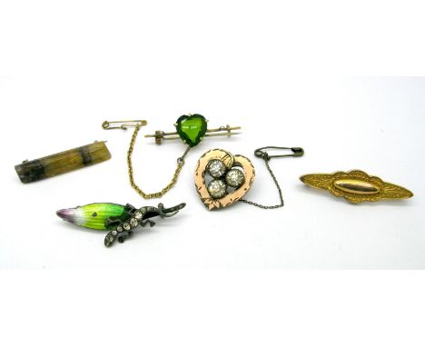 A Bar Brooch, of shaped design, stamped "15ct", a Blue John bar brooch, novelty enamel and diamanté salamander brooch, heart 