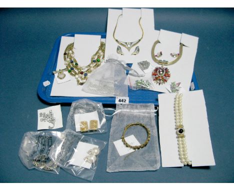 Miriam Haskell Bangle, (damaged) four row multi set chain necklace, imitation pearls, vintage and later costume clip earrings