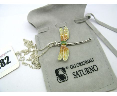 Saturno; A Modern Hallmarked Silver and Enamel Dragonfly Pendant, on a chain stamped "925".