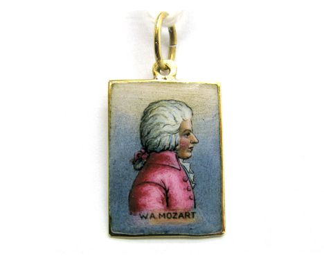 A Rectangular Enamel Panel Pendant, detailed with profile of Mozart, stamped "585".