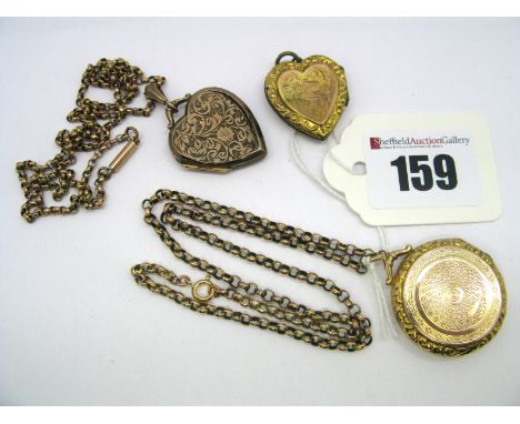 A 9ct Gold Circular Locket Pendant, engine turned, on a chain stamped "9c"; together with two heart shaped lockets (damages),