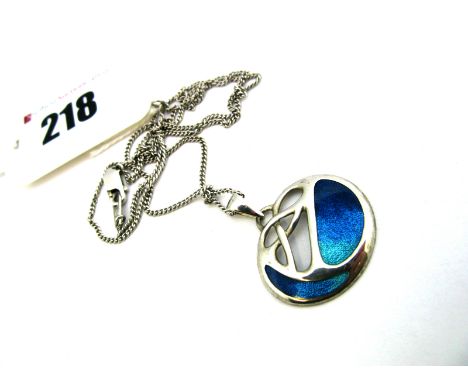 An Enamel Pendant, of openwork design highlighted in turquoise/blue, stamped "925", on a chain.  