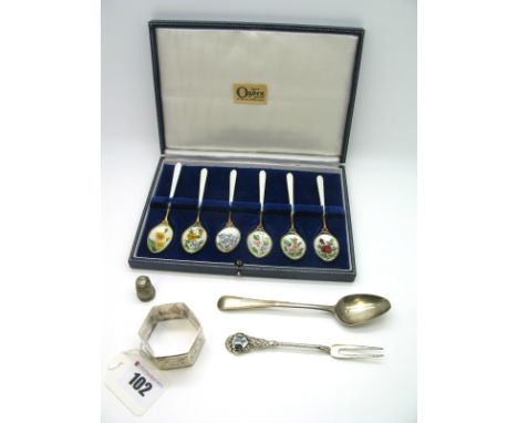 A Highly Decorative Set of Six Hallmarked Silver Gilt and Enamel Coffee Spoons, C&C, London 1967, each detailed with differen