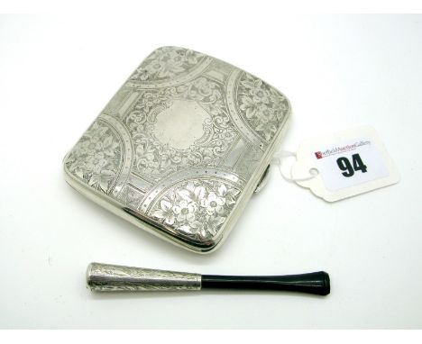 A Hallmarked Silver Cigarette Case, CC, Chester 1897, of bowed cushion shape, allover foliate engraved; Together with A Chero