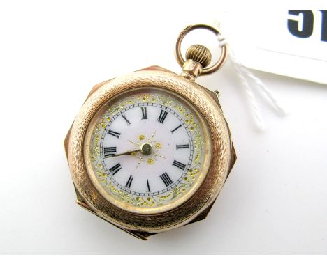 A Decorative 9ct Gold Cased Ladies Fob Watch, the gilt highlighted dial with black Roman numerals, within octagonal engine tu