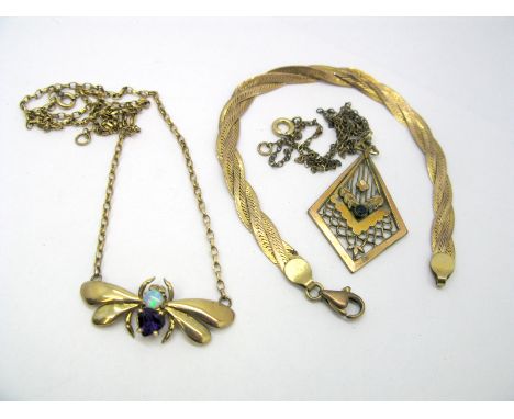 An Opal Set Insect Pendant, with claw set body, stamped "375", on integral chain; a twisted bracelet and an openwork pendant.