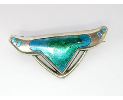 Charles Horner; A Chester Hallmarked Silver and Enamel Brooch, highlighted in green/turquoise. 