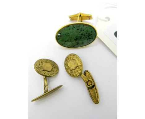 A Gent's Hardstone Inset Oval Panel Cufflink, rubover set, on hinged back, stamped; together with a pair of vintage gent's cu