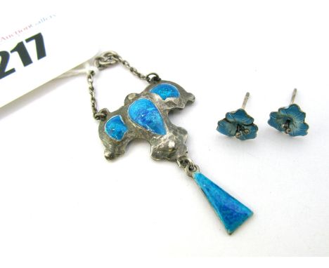 An Enamel Pendant, of shaped design, highlighted in turquoise, suspending drop; Together with A Pair of Stud Earrings. 