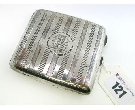 A Hallmarked Silver Cigarette Case, S&Bm, Birmingham 1917, allover engine turned, monogrammed, engraved to the inside "From H