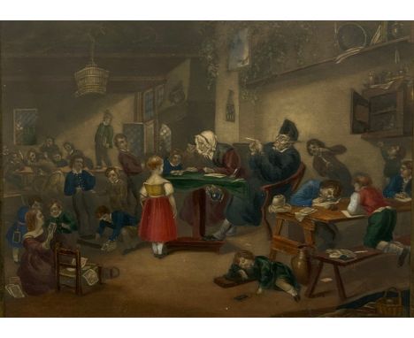 AFTER WILLIAM HOGARTH, an early coloured print featuring a chaotic classroom of children. Mounted in an ornately carved leaf 