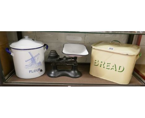 Enamel bread bin, flower bin &amp; scales