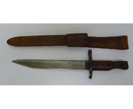 A Canadian bayonet with leather scabbard, marked Ross Rifle Co., Quebec, patented 1907, length 37cm