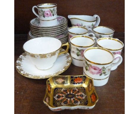 A Royal Worcester Royal Garden coffee service, lacking sugar bowl, a Royal Crown Derby 1128 pattern dish and a Royal Crown De