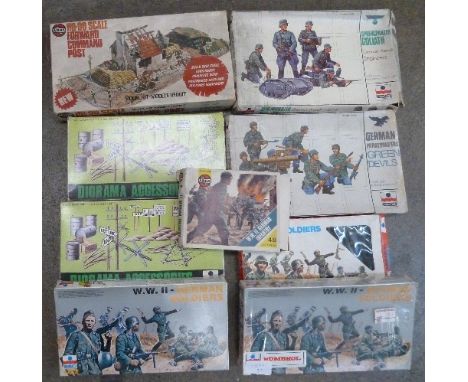 Nine model kits, German infantry and diorama accessories, ESCI and Airfix