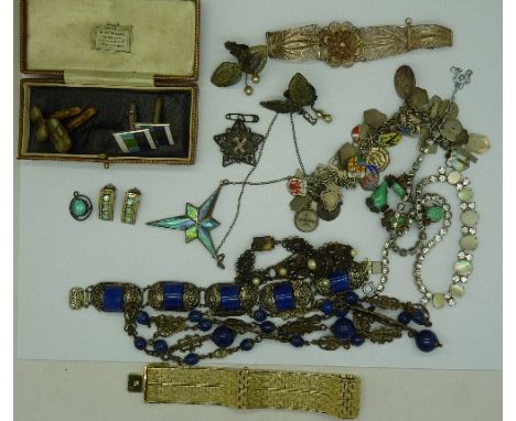 Costume jewellery, cufflinks, a silver and abalone necklet and silver and enamel charms