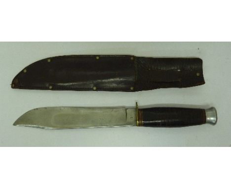 A knife with leather scabbard, blade marked William Rodgers, Cut My Way, made in Sheffield