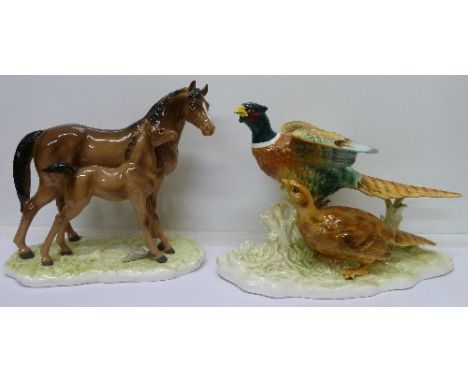 A Japanese horse figure group and a model of game birds, height of horse 28cm